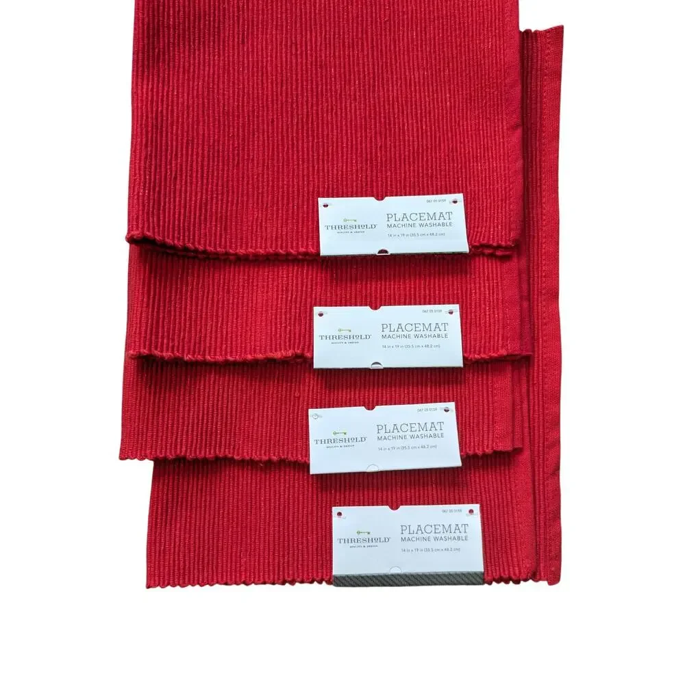 4 NWT Threshold Placemat Machine Washable 14X19in Cotton Red Metallic Christmas